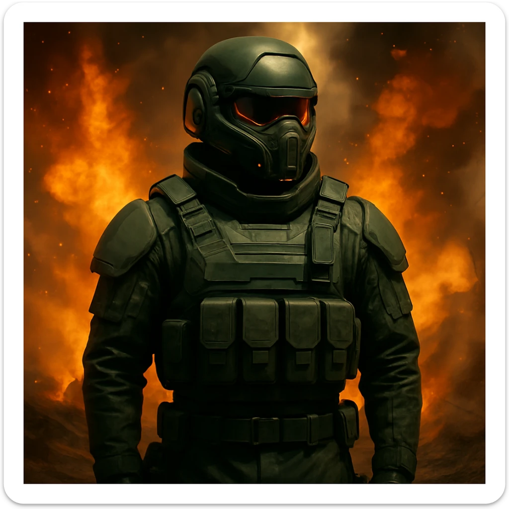 Add a sci-fi helmet to the man, keeping the dark green military fatigues and warzone background with explosions and flames. The style should maintain a realistic and intense warzone atmosphere with detailed explosions and flames in the background. sticker