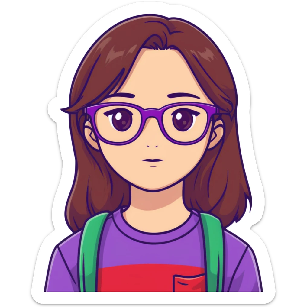 Girl, Red shirt, long brown hair, green eyes, purple glasses,  sticker