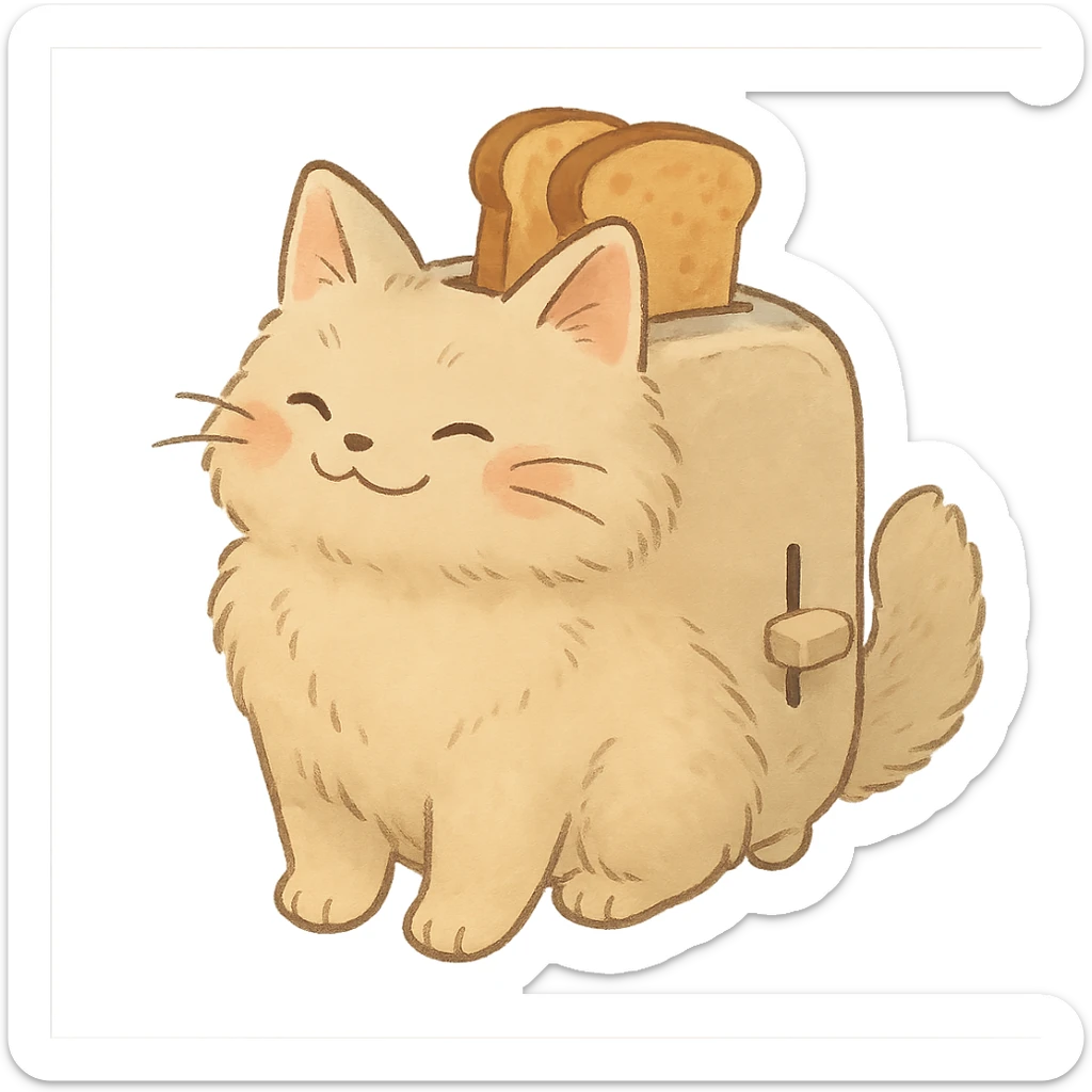 fluffy cat toaster, with two slices of toast popping out, smiling in soft pastel colors, full-body sticker