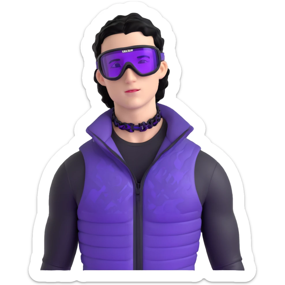 male athlete with white skin and moderately curly black hair on top with shaved sides, wearing ski goggles with purple frames and very dark black lenses, a simple plain black chain necklace, and a completely unzipped shiny vest with purple and black sequin fire pattern design, fully revealing his chest and abs, no earrings sticker