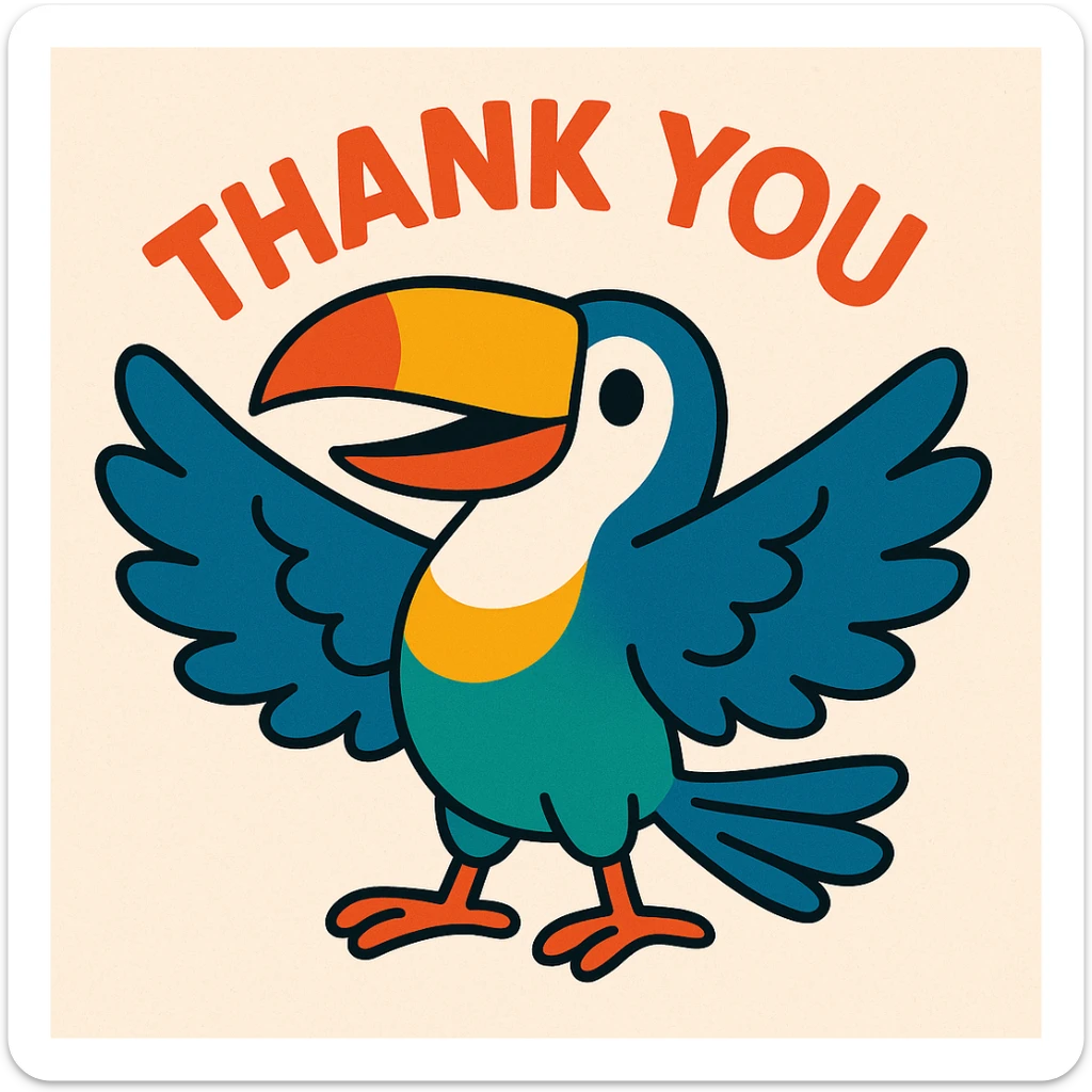 bright multicolored toucan wings open happily saying 'thank you', playful and friendly sticker