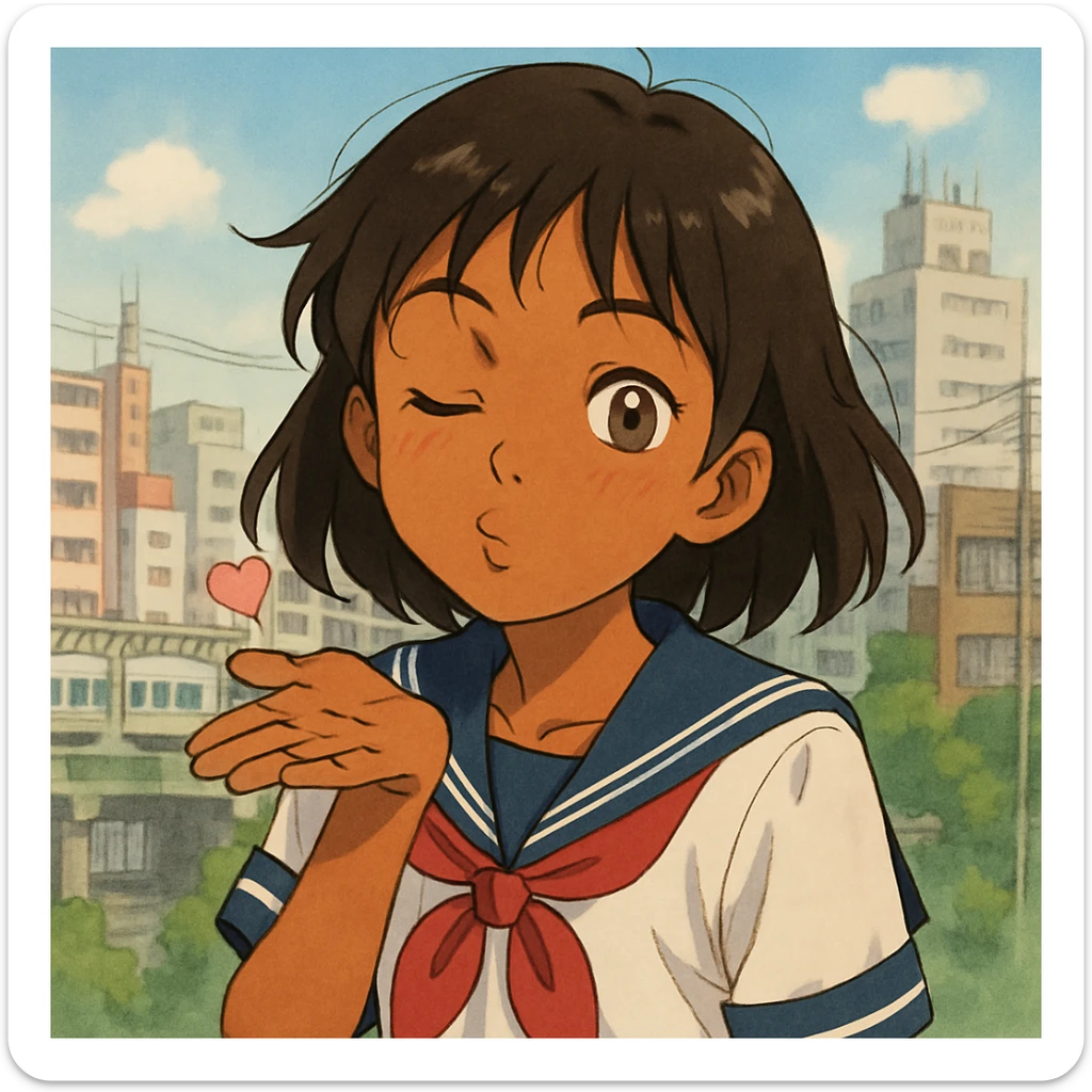Japanese brown-skinned high school girl in a Tokyo school uniform, winking and blowing a kiss, playful and cheeky expression, anime style, with a subtle Tokyo city background sticker