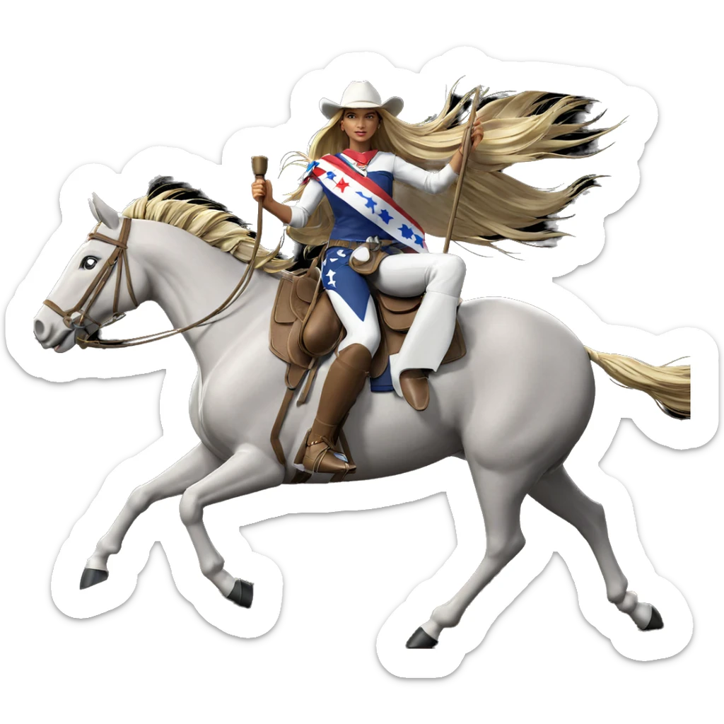 girl riding horse with flag sticker