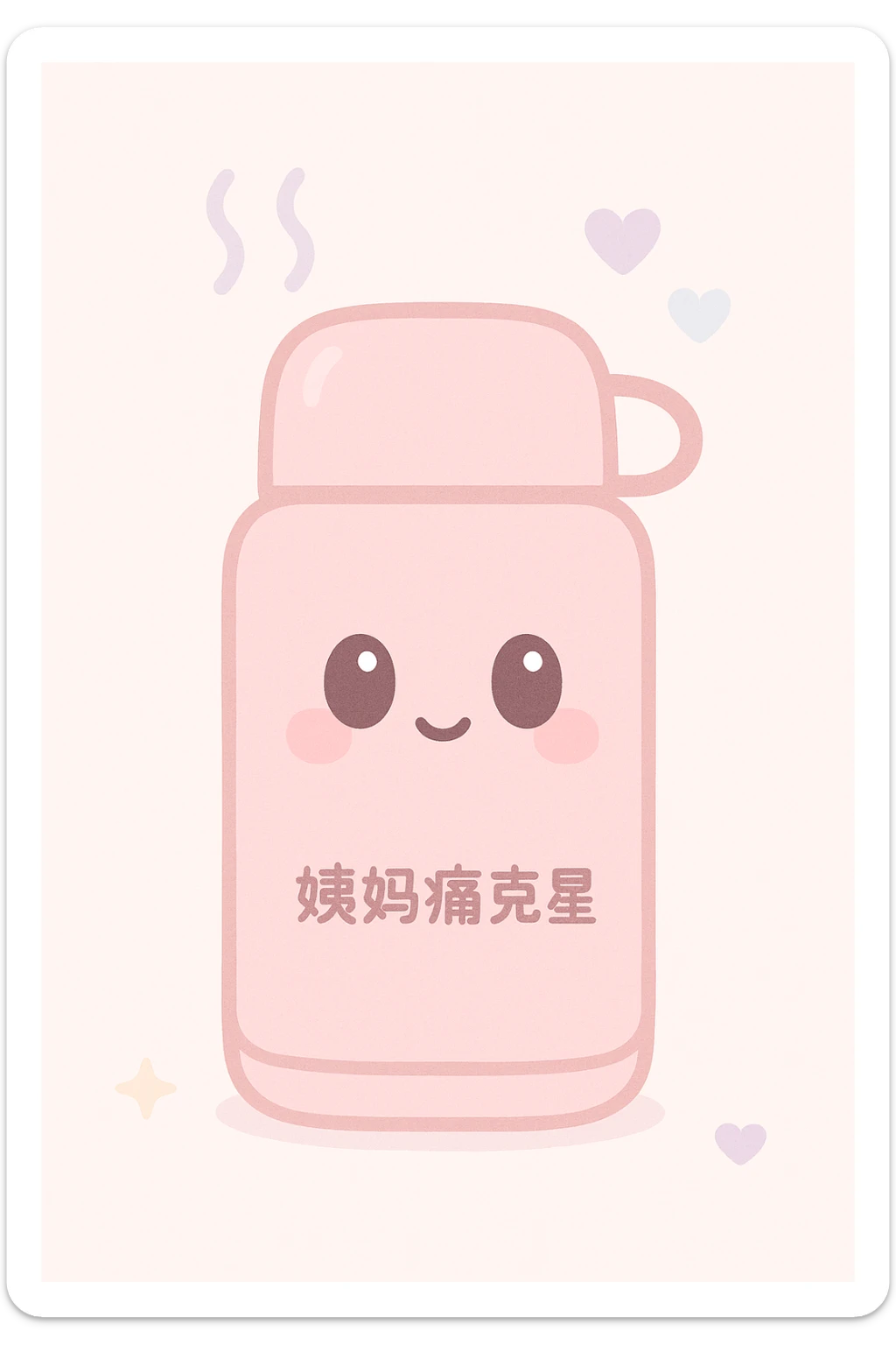 pastel pink thermos with '姨妈痛克星' on the side, steam and heart icons floating above, cozy and inviting, representing thoughtful VIP service for period comfort sticker