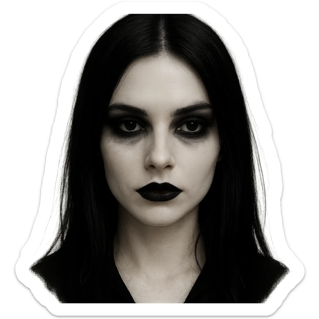 goth face, pale skin, black lipstick, dark eyeshadow, straight black hair, mysterious expression sticker