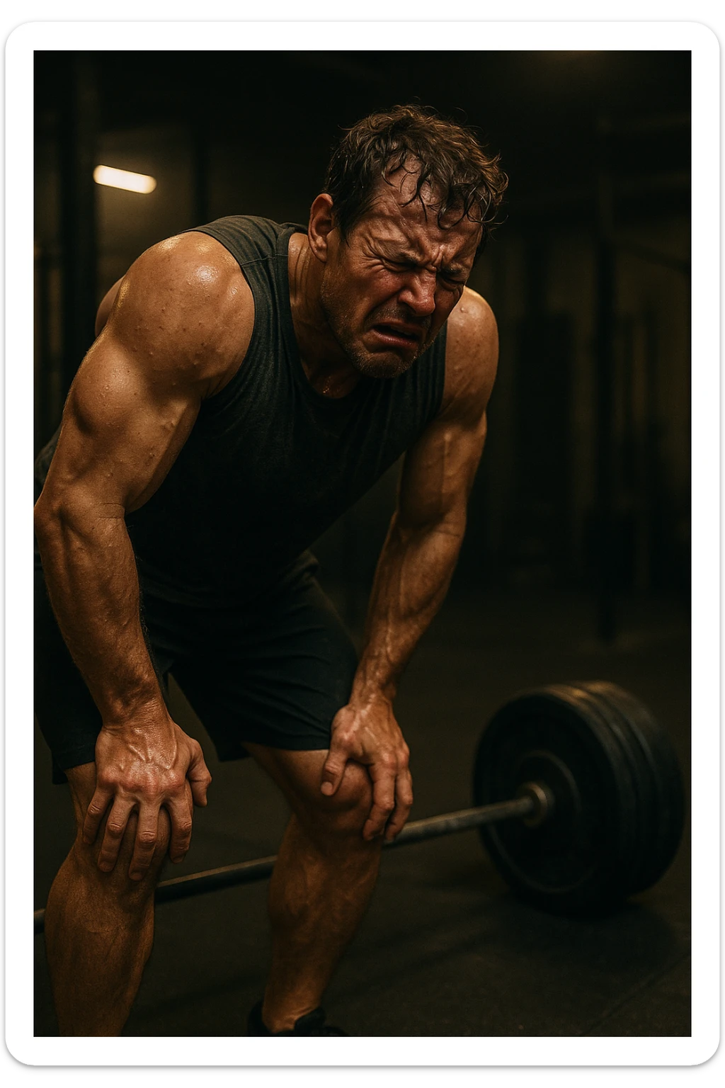 Uomo in palestra durante un allenamento, piegato su sé stesso con le mani sulle ginocchia, sudato, visibilmente esausto. Ha un'espressione di frustrazione e affaticamento estremo. Pesi pesanti accanto a lui, atmosfera intensa, luci soffuse. Il corpo mostra segni di sforzo eccessivo e accumulo di fatica. in italiano sticker
