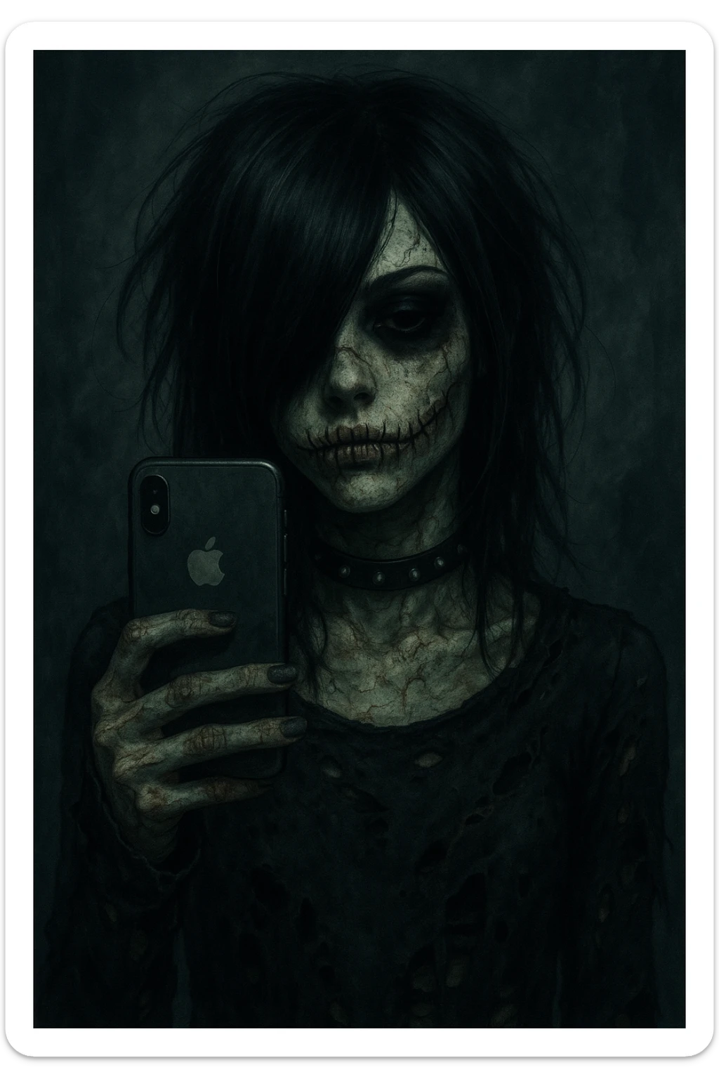 emo girl zombie, black hair covering one eye, stitched mouth, dark makeup, tattered clothes, holding an iPhone sticker
