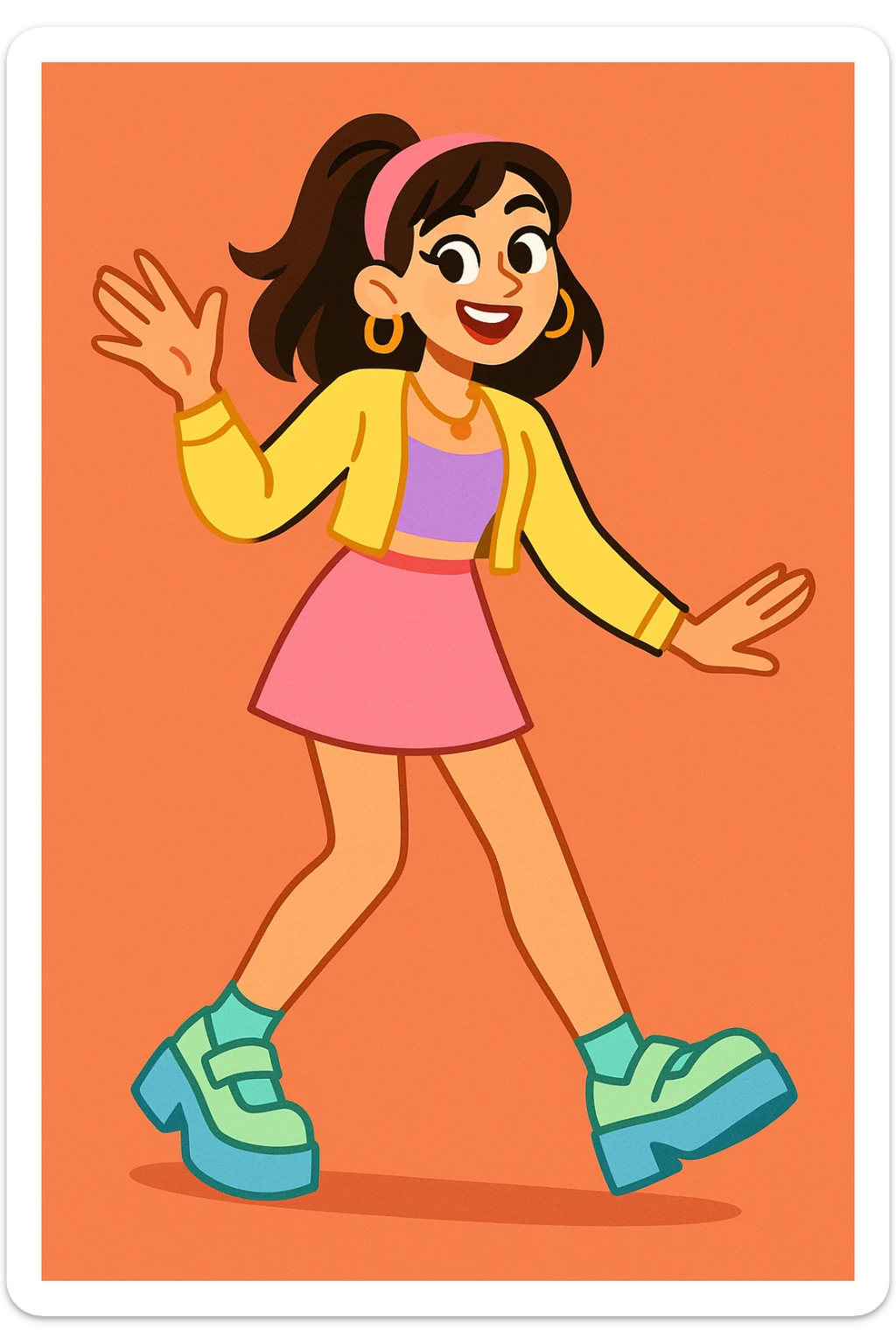 dressed up woman in a cool Gen Z look, pastel colors, mini skirt, platform shoes, fun and energetic expression sticker