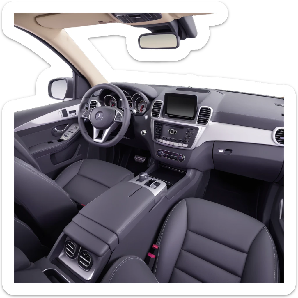 3D style image of the interior of a 2015 Mercedes Benz ML350, black leather seats, dashboard and steering wheel, luxury SUV details, close-up of dashboard and center console sticker