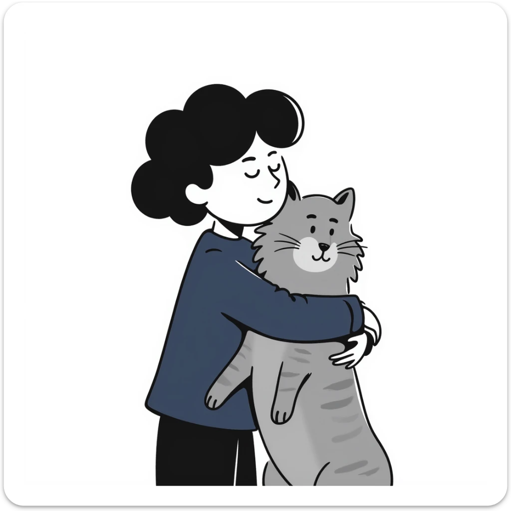 Brunette girl with dark blue sweatshirt snuggling a fluffy grey Siberian cat, warm embrace sticker