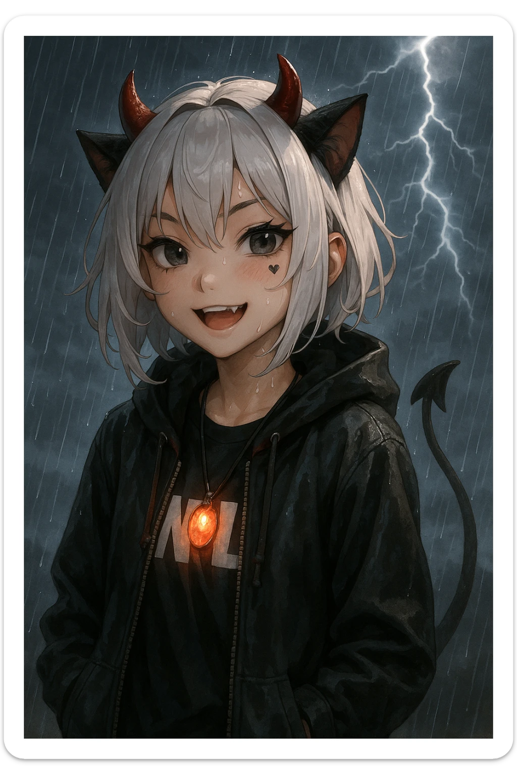 realistic anime style devil catgirl with small red horns, short white hair, streetwear, glowing amulet, rain and thunder background, heart tattoo under eye, playful expression sticker