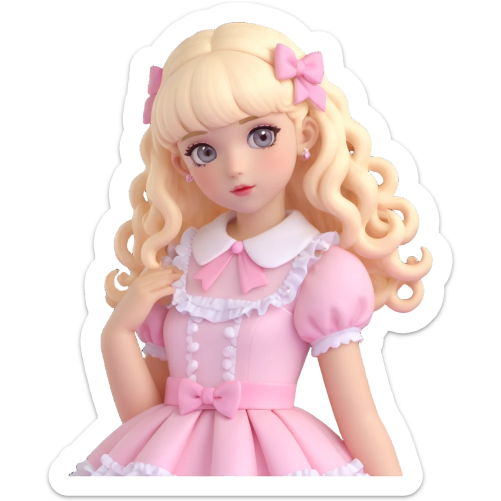 pale girl , who has curly medium length blonde and baby pink swirled hair with bangs , grey eyes , and doll like makeup , in a light pink lolita hime gyaru dress  sticker