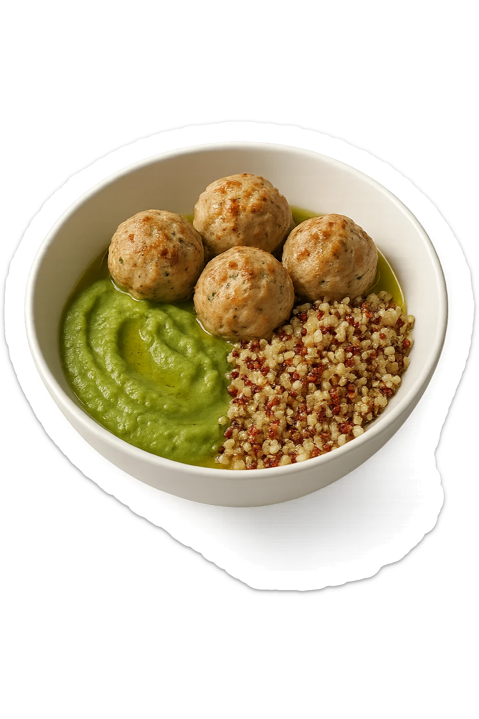 bowl bianca fluttua in aria con polpette di tacchino, purè di zucchine, quinoa e olio di oliva, iperrealistico 4k sticker
