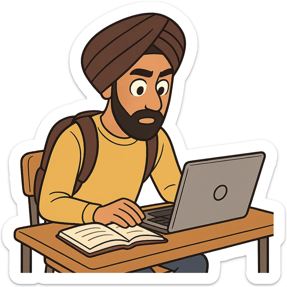 university sikh boy cartoon style sitting at a desk laptop open turban focused on studying sticker