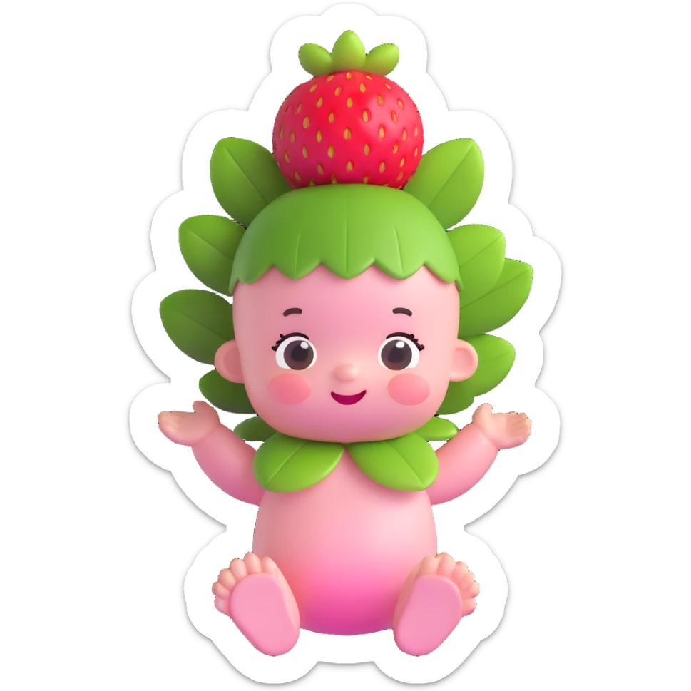 3D style baby character with round plush body, pink skin, strawberry leaf and small strawberry on head, joyful expression sticker