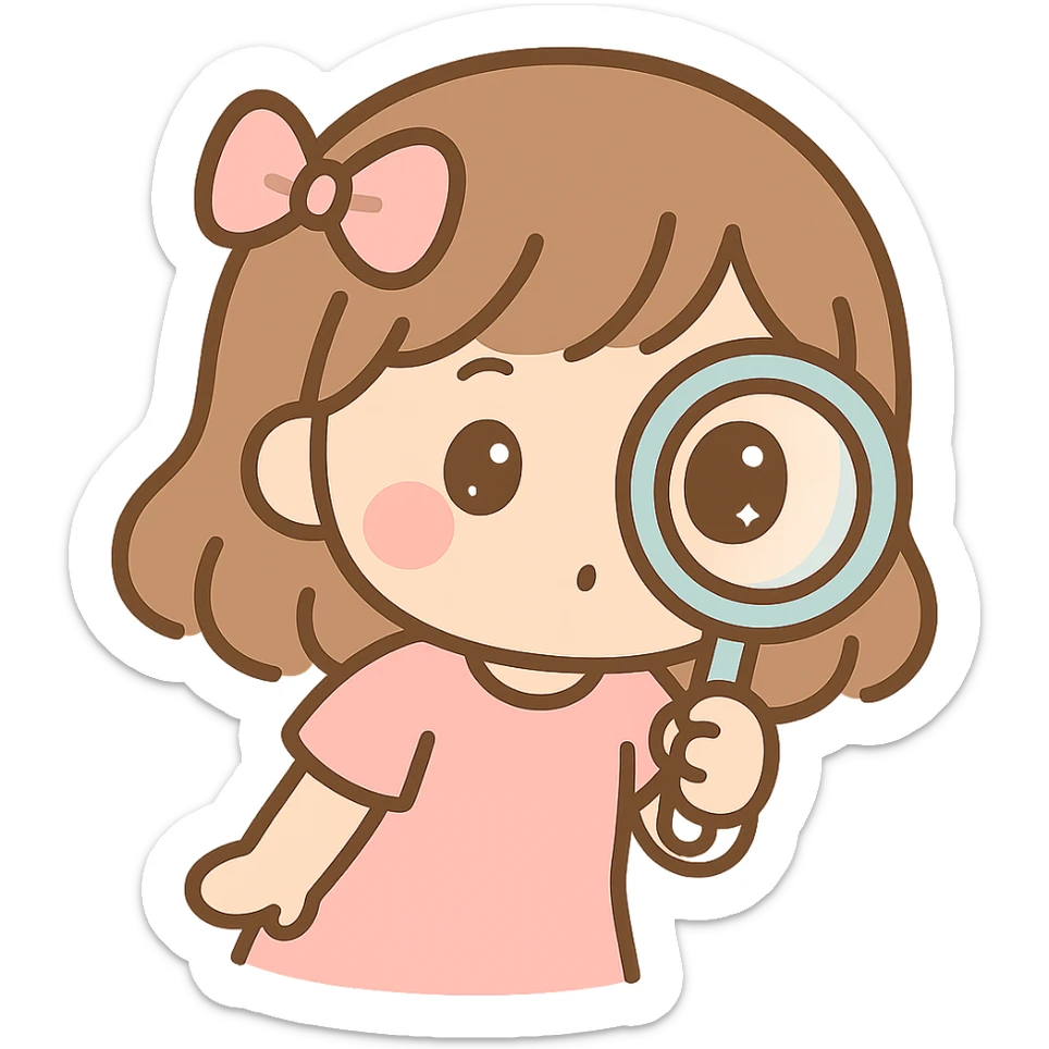 chibi style cute girl with brown hair, intensely examining something with a magnifying glass sticker