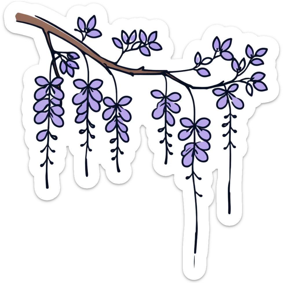 Artistic Japanese wisteria (fuji) flower with sumi-e inspired brush strokes, hanging lavender bloom clusters, zen minimalist aesthetic with subtle ink wash background sticker
