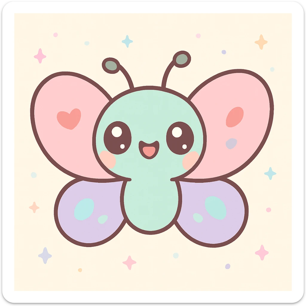 a butterfly in kawaii style with big eyes, pastel colors, and adorable expression sticker