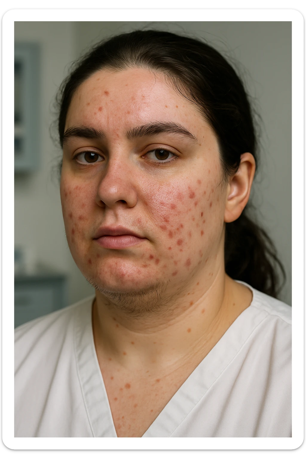 very realistic 3D medical portrait of a woman with PCOS, acne and hair under chin, clinical details, professional atmosphere, aspect ratio 2:3 sticker