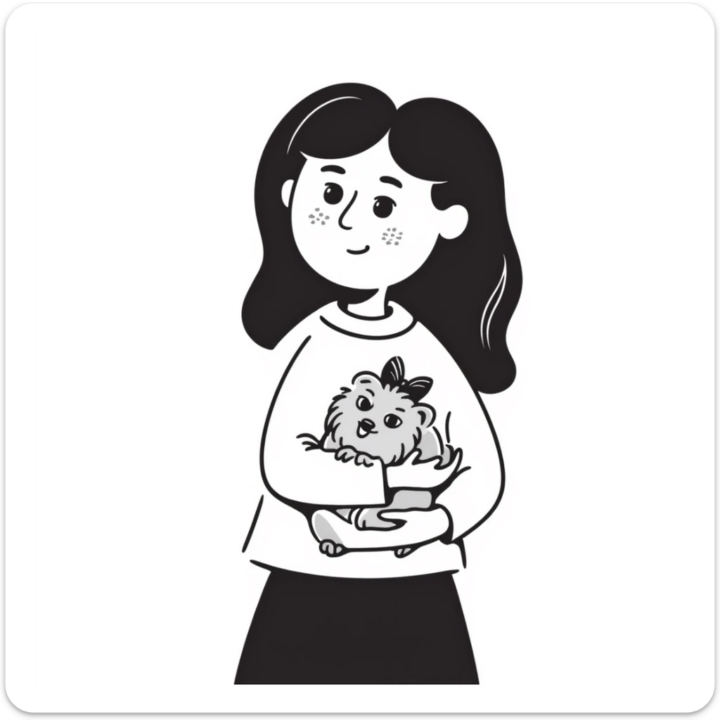 11 year old girl with freckles and long wavy brown hair, holding a teacup yorkie dog sticker