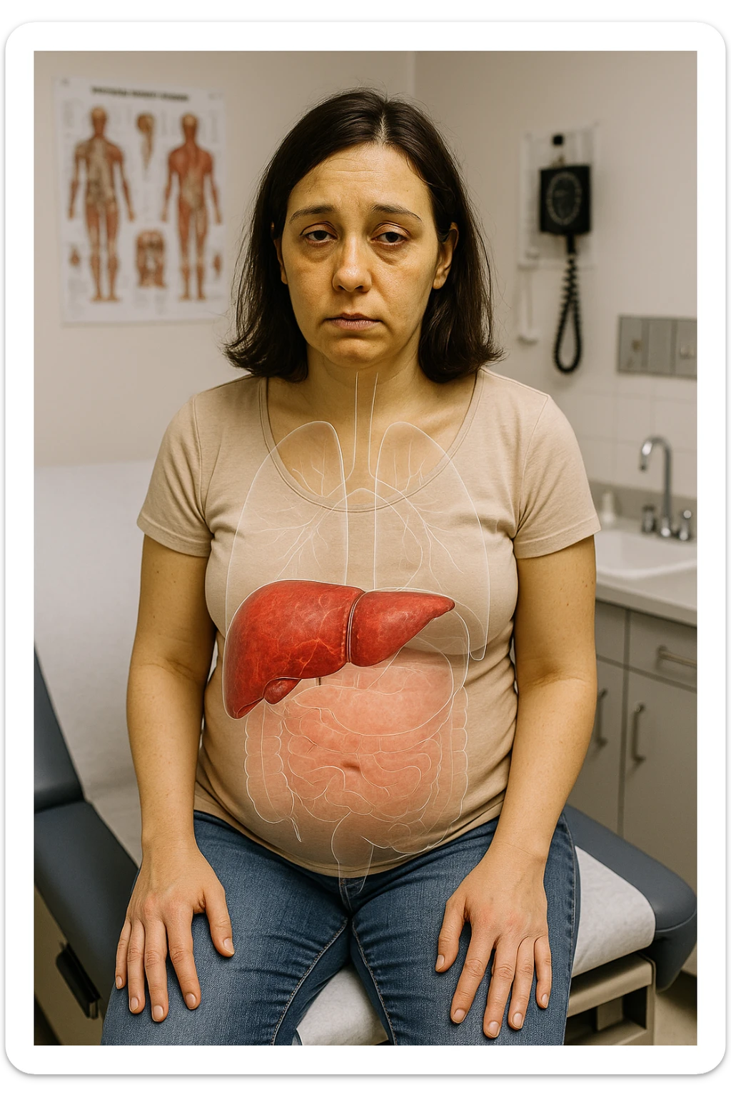 a woman in her 30s sits on a doctor’s examination table, her skin slightly yellowish (jaundice) and her expression tired. A transparent anatomical overlay highlights her liver, which appears enlarged and inflamed with a reddish, congested look. Subtle visual cues—such as dark circles under her eyes and a bloated abdomen—emphasize the symptoms of liver overload and toxicity. The background is a clinical setting, with medical charts and equipment. sticker