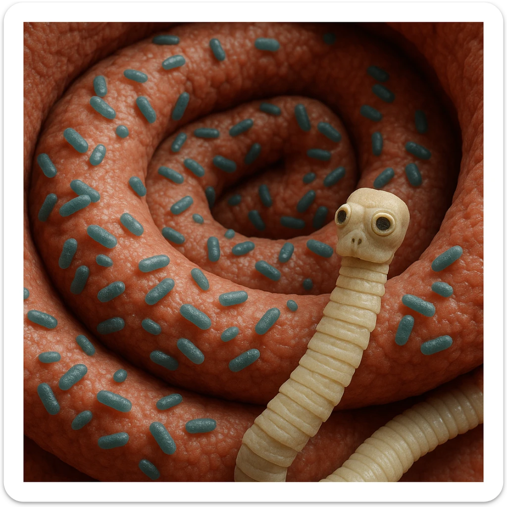 a medical illustration of a human realistic gut with bacteria and parasyte (tenia) realistic 4k real   sticker
