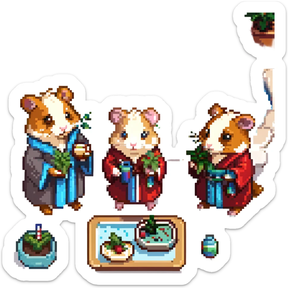 pixel art scene of a hamster cult celebrating with THC weed at a pool party, cheese platters included, vibrant and playful sticker