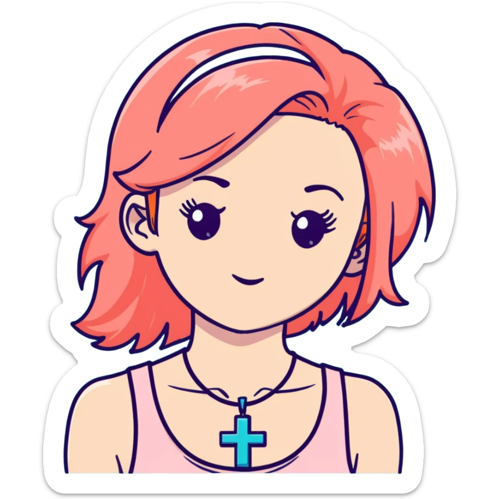 Auburn ginger haired girl with eyelashes wearing a cross necklace and a light coral pink tank top sticker