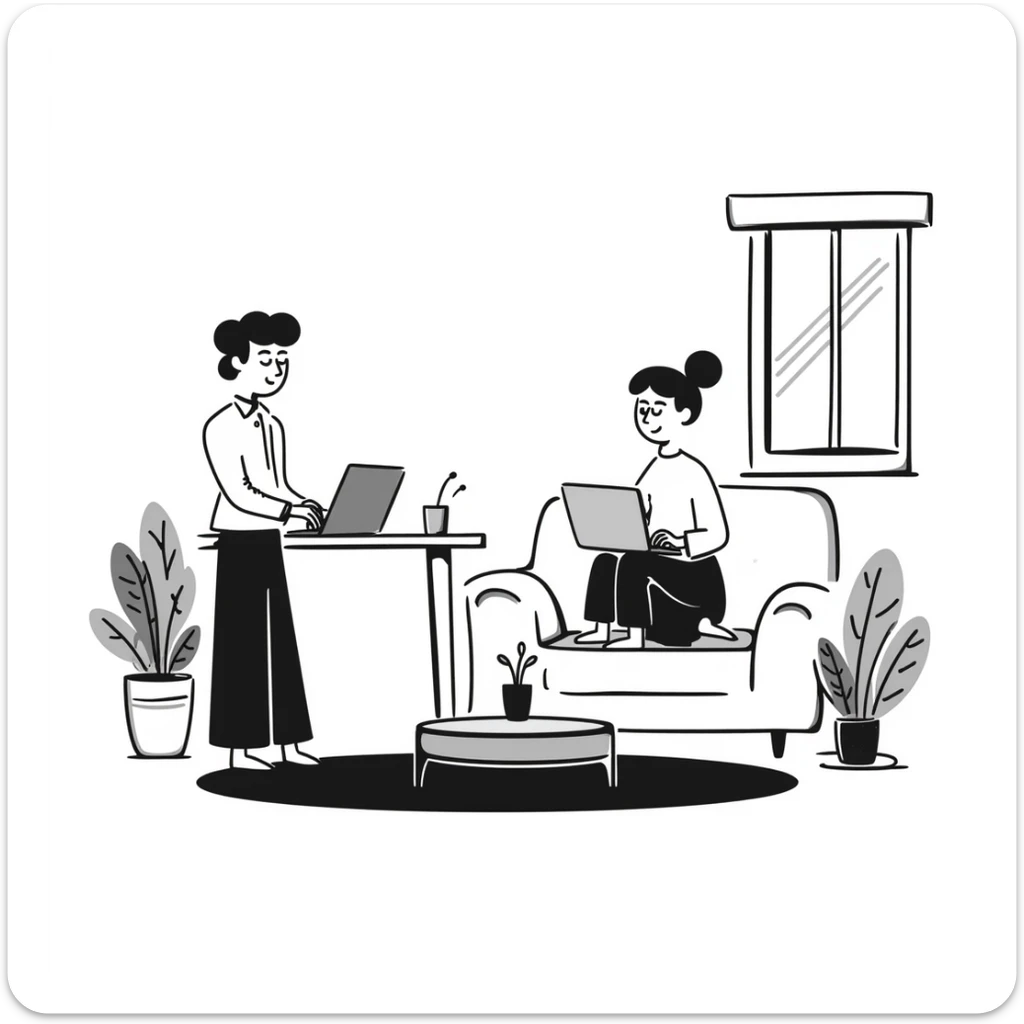 escenary 3d of a cozy mid-century living room with two people working on laptops, one man standing at a desk, and one woman sitting on a couch sticker