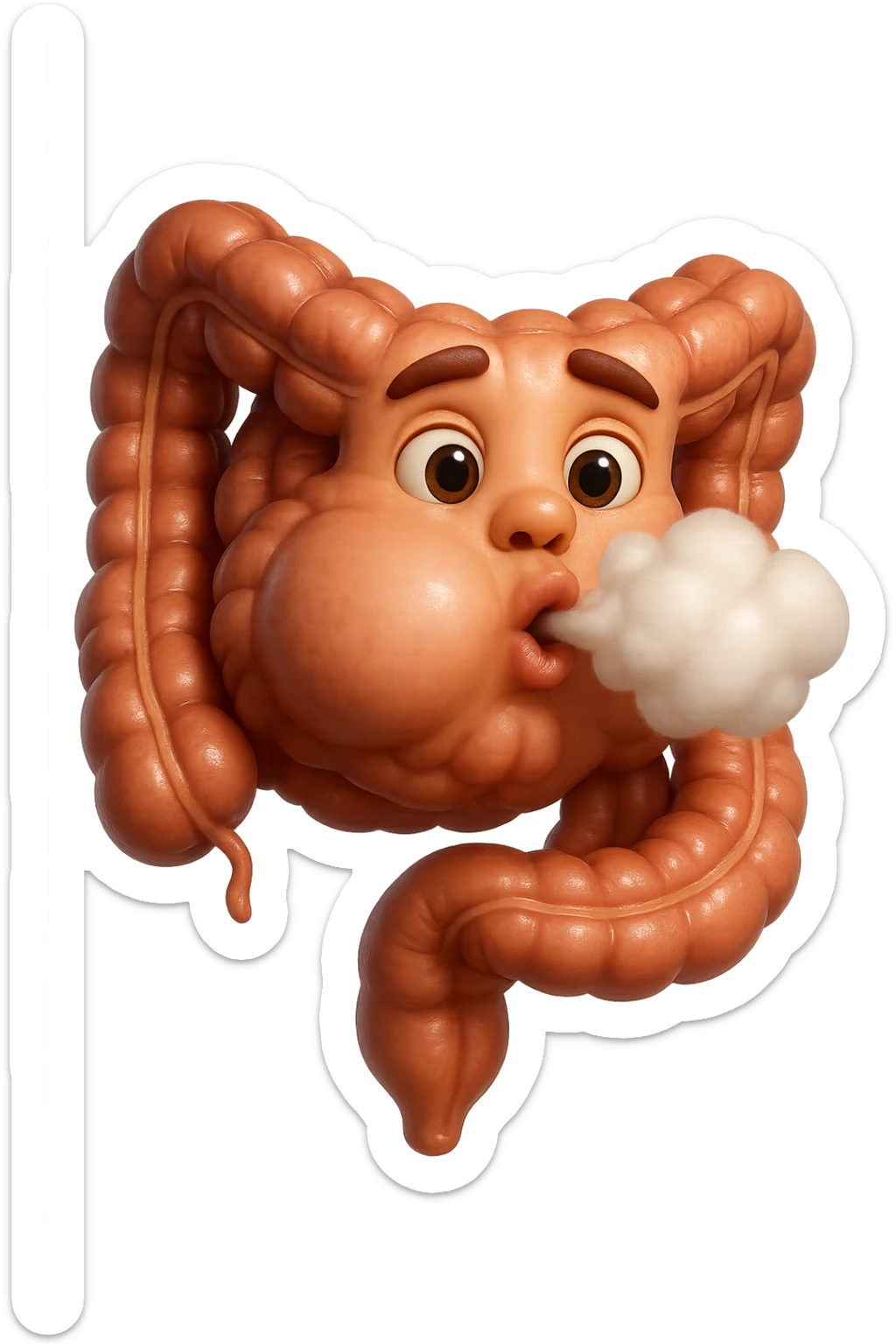 emoji stile iphone di un intestino che ingoia una nuvoletta di aria ben visibile e gli si gonfia la pancia, non fargli il naso, iperrealistico 4k sticker