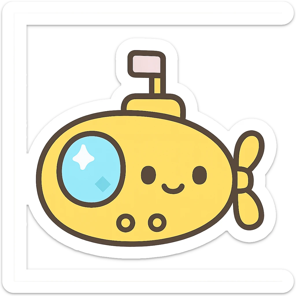 A submarine icon in a cartoonish style, with a bright yellow body, a large smiley face on the front, and a small flag on top. sticker