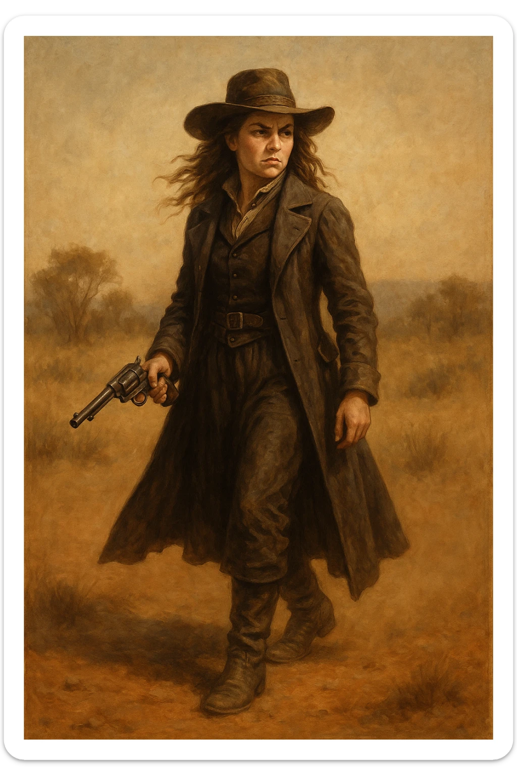 Victorian-era female bushranger, long coat, boots, wide-brimmed hat, pistol, determined expression, dusty background sticker