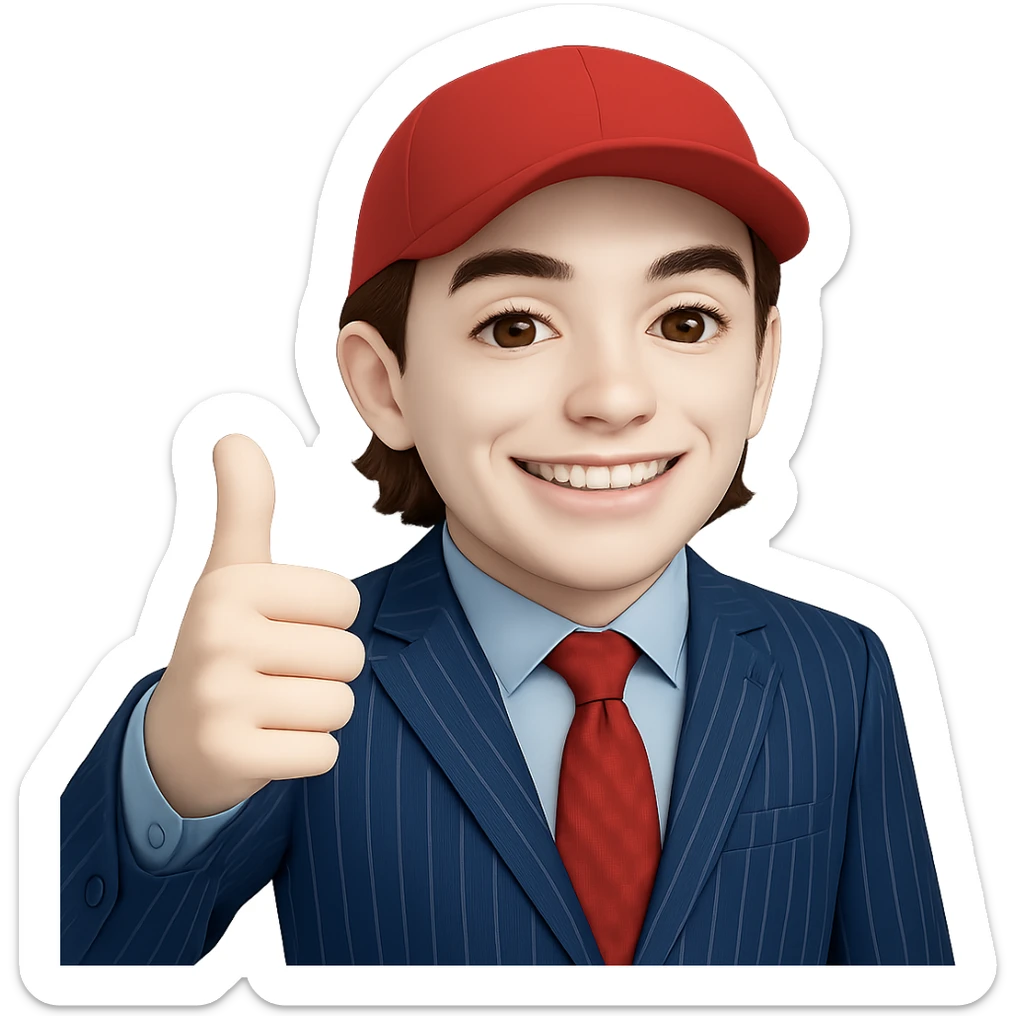 Change the skin tone to white. Maintain the 60% realistic emoji style of a smiling man in a pinstripe suit and red cap, giving a thumbs up. Transparent background. sticker