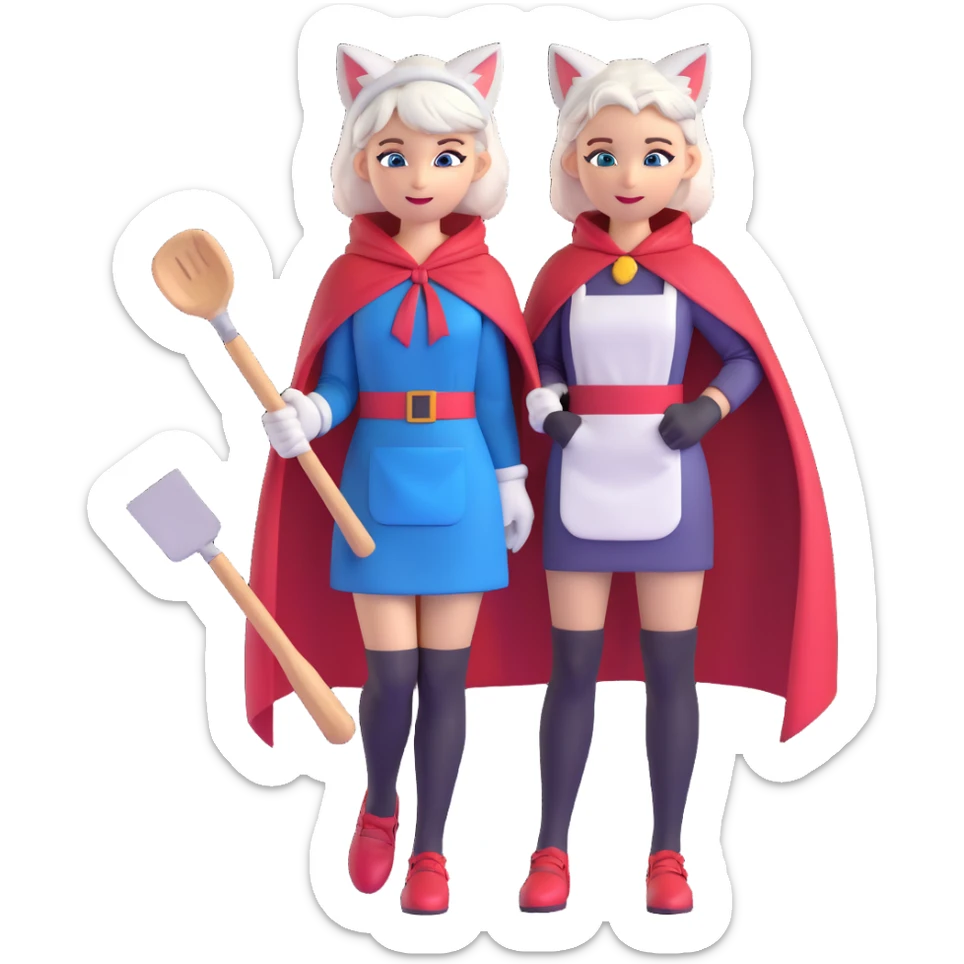 character with cat ears and tail, white hair, blue eyes, wearing a red hood and cape, yellow scarf, white apron, pink dress, brown gloves, black stockings, red shoes, holding a metal spatula, confident and lively expression sticker