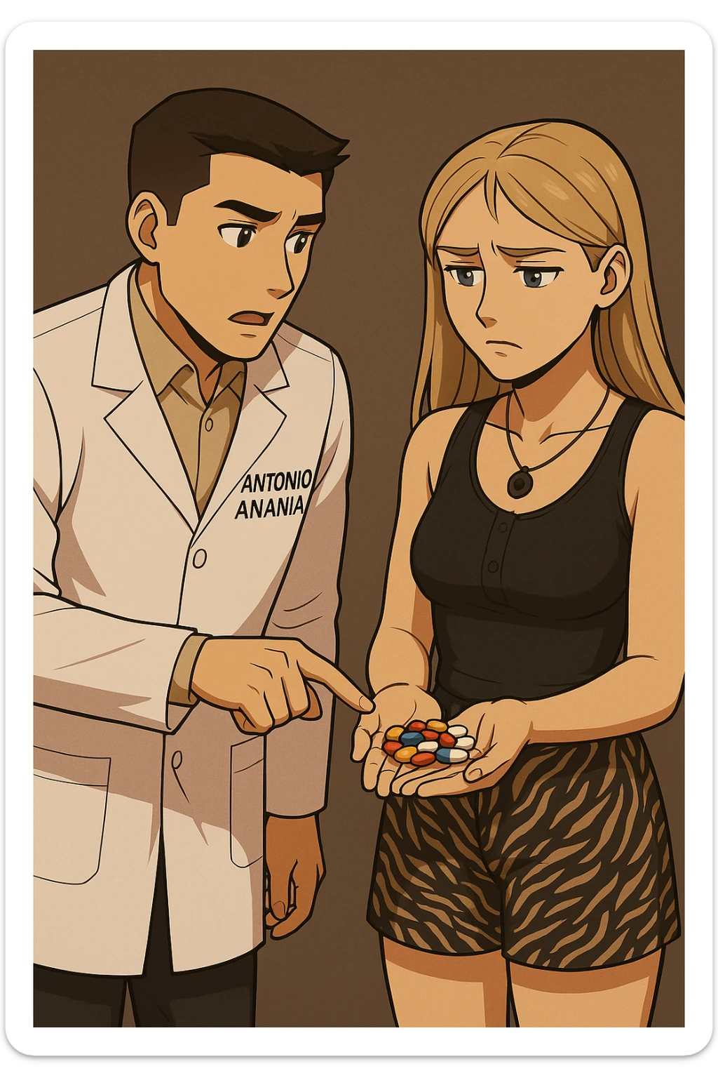 fai un webtoon/manga a colori con questo kinesiologo in camice bianco (fagli la scritta "ANTONIO ANANIA" SUL CAMICE) CHE PARLA CON QUESTA RAGAZZA CON GLI OCCHI AZZURRI. LA RAGAZZA HA UN PUGNO DI INTEGRATORI IN MANO (TANTE PILLOLE DIVERSE) E LE GUARDA DUBBIOSA. IL KINESIOLOGO CON IL CAMICE BIANCO LE TOCCA LA PANCIA CON UN DITO. NON FARE I FUMETTI, FAI SOLO LORO COME SE DIALOGASSERO sticker