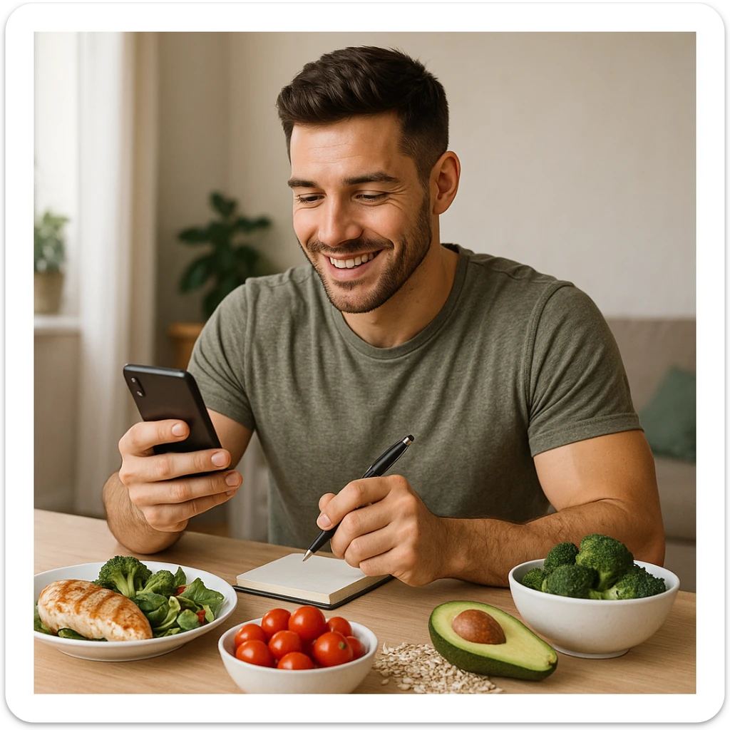 realistic illustration of a man counting his macronutrients as a lifestyle: the man is sitting at a table with healthy food, holding a smartphone or a notebook to note macronutrients, positive and modern atmosphere, healthy lifestyle sticker