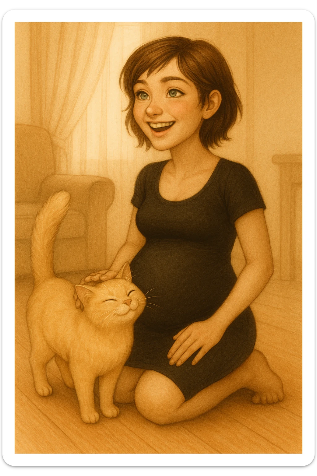 Make the girl's hair a little bit longer and put her in a black tight dress, keep her pregnant, with green eyes and a blonde cat. Maintain the original style and details of the image. sticker
