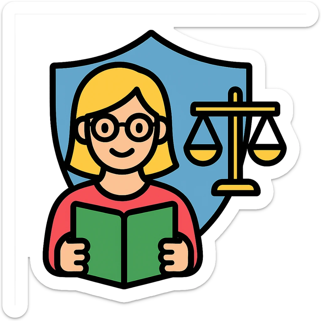 A lady with blond hair and glasses, holding a green book and a gold justice scale, with a shield in the background, in a flat color icon style, with no background. sticker
