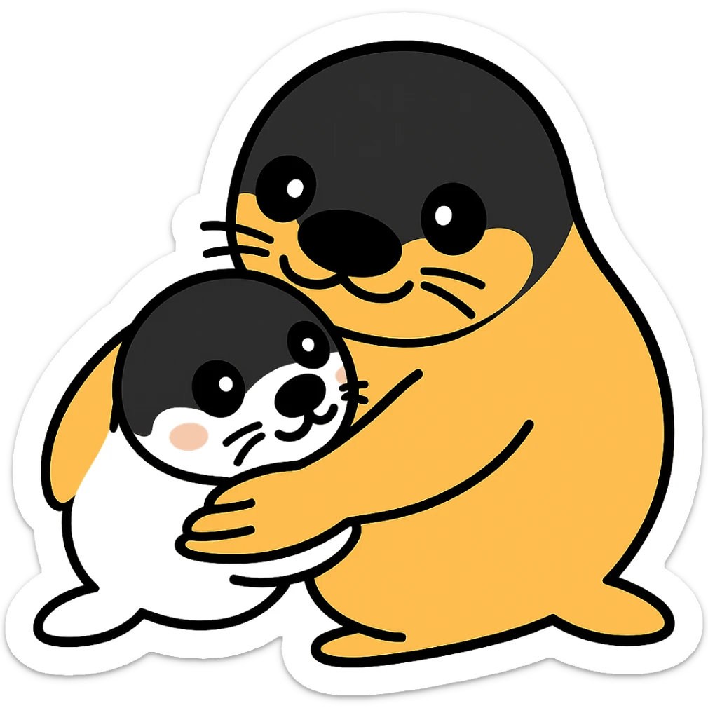 Transform the seal pup and mother in the image to resemble Yo-chan and Tusk-chan from Tokkari Centre, maintaining the nuzzling pose and preserving the transparent background. sticker