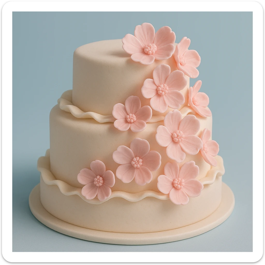 wedding cake with pink fondant flowers and a light blue background sticker