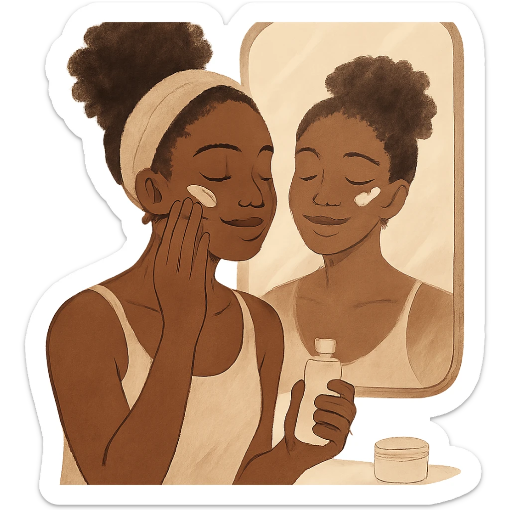 self care aesthetic, black girl with brown skin, applying skincare in front of a mirror, gentle and uplifting mood sticker