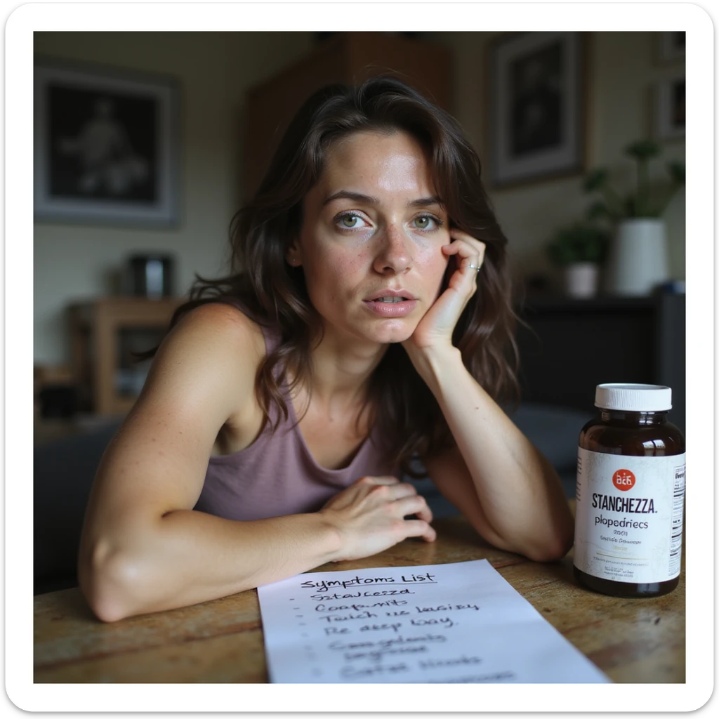 hyperrealistic 4K image of a woman with PCOS, face with acne and chin hair, thin hair, lost gaze, symptom list on the table with 'stanchezza' highlighted, supplements next to it, home environment sticker