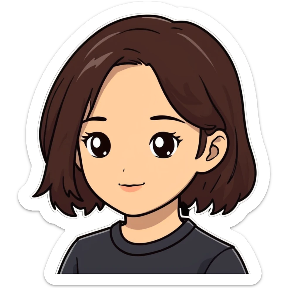 A girl with dark brown, slightly wavy hair and fair skin sticker