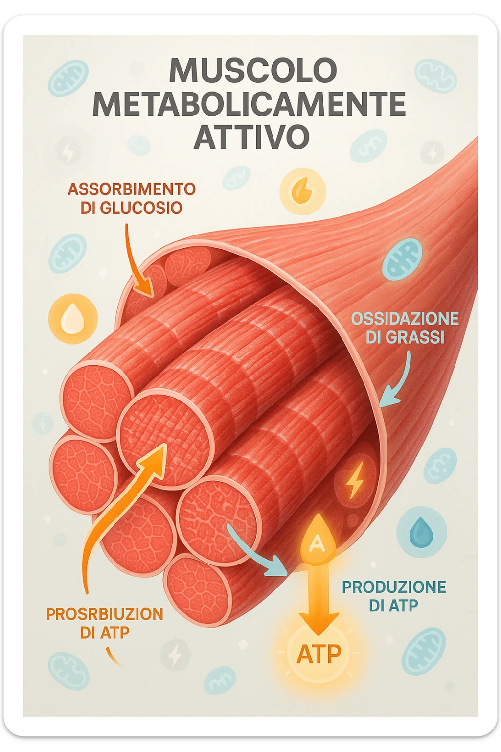 a highly detailed cross-section of human skeletal muscle fibers, shown in vibrant red and pink tones, with visible striations and realistic texture. Glowing arrows and animated icons represent active metabolic processes—such as glucose uptake, fat oxidation, and ATP production—occurring within the muscle tissue. Surrounding the muscle, floating symbols for mitochondria and energy highlight its metabolic activity. The background is clean and clinical, with subtle labels and infographics explaining that muscle is a metabolically active tissue. The overall style is modern, scientific, and visually engaging, suitable for educational or medical use. in italiano sticker