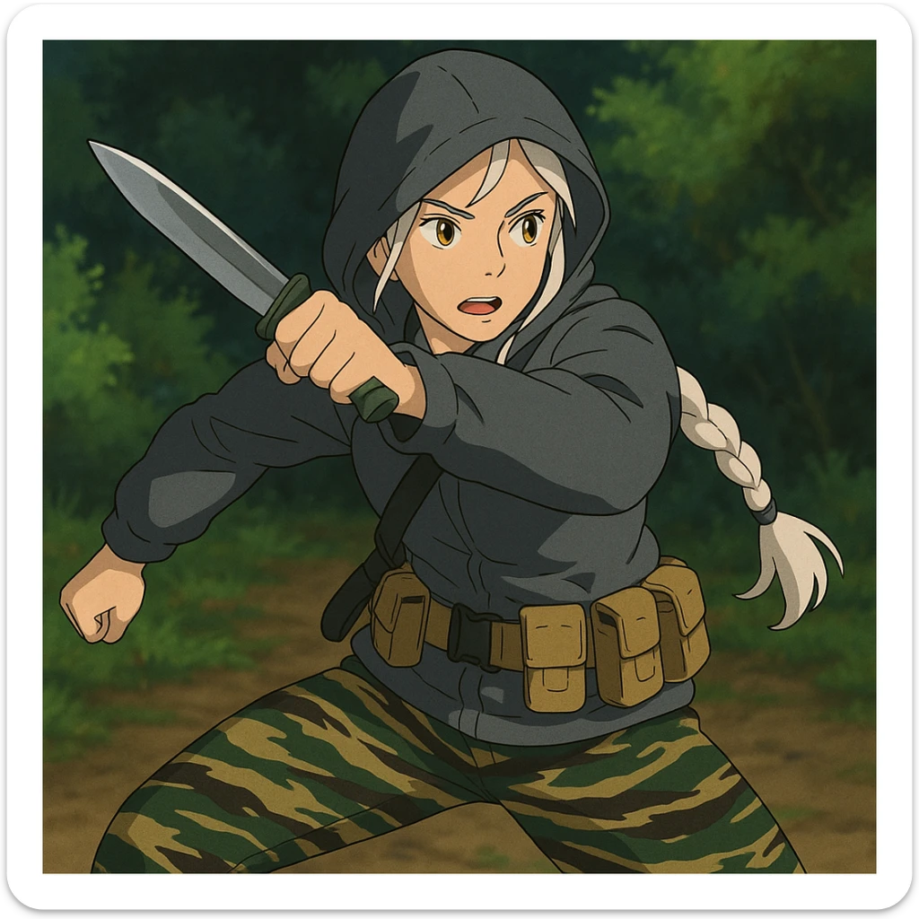 1 female, mid-20's  white hair long braid, gold yellow eyes, gray rainproof hoodie, hood up, single point sling, tan mag pouches on belt rig, tiger stripe camo pants, holding a combat blade, striking, swing sticker