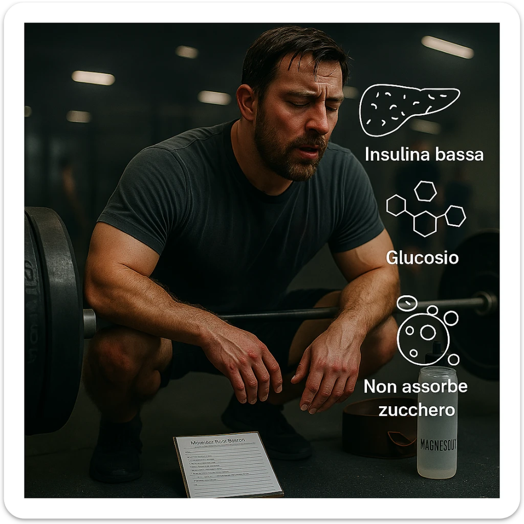 Add clear and legible Italian text to the icons in a realistic and symbolic-medical style: label the pancreas with 'Insulina bassa', the molecules with 'Glucosio', and the cells with 'Non assorbe zucchero'. Maintain the realistic and symbolic-medical style with clear and readable text. sticker