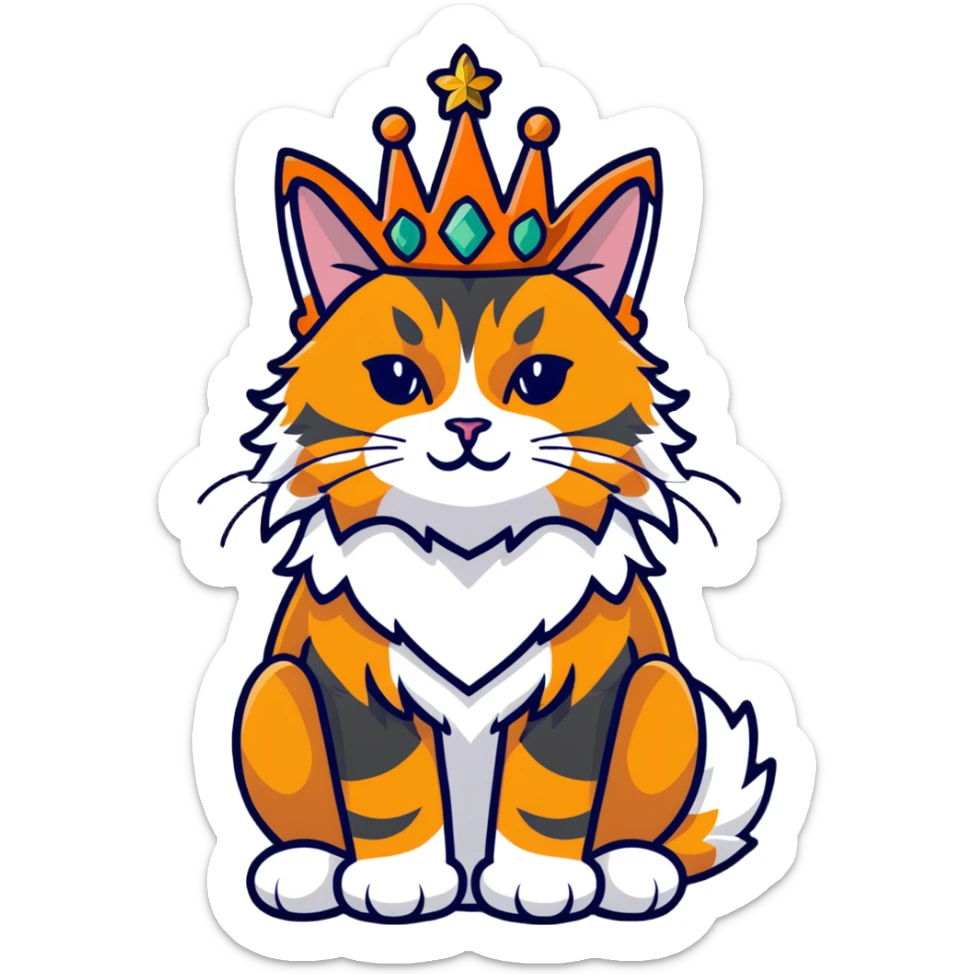 regal calico maine coon cat with orange, black and white fur wearing a jeweled crown sticker