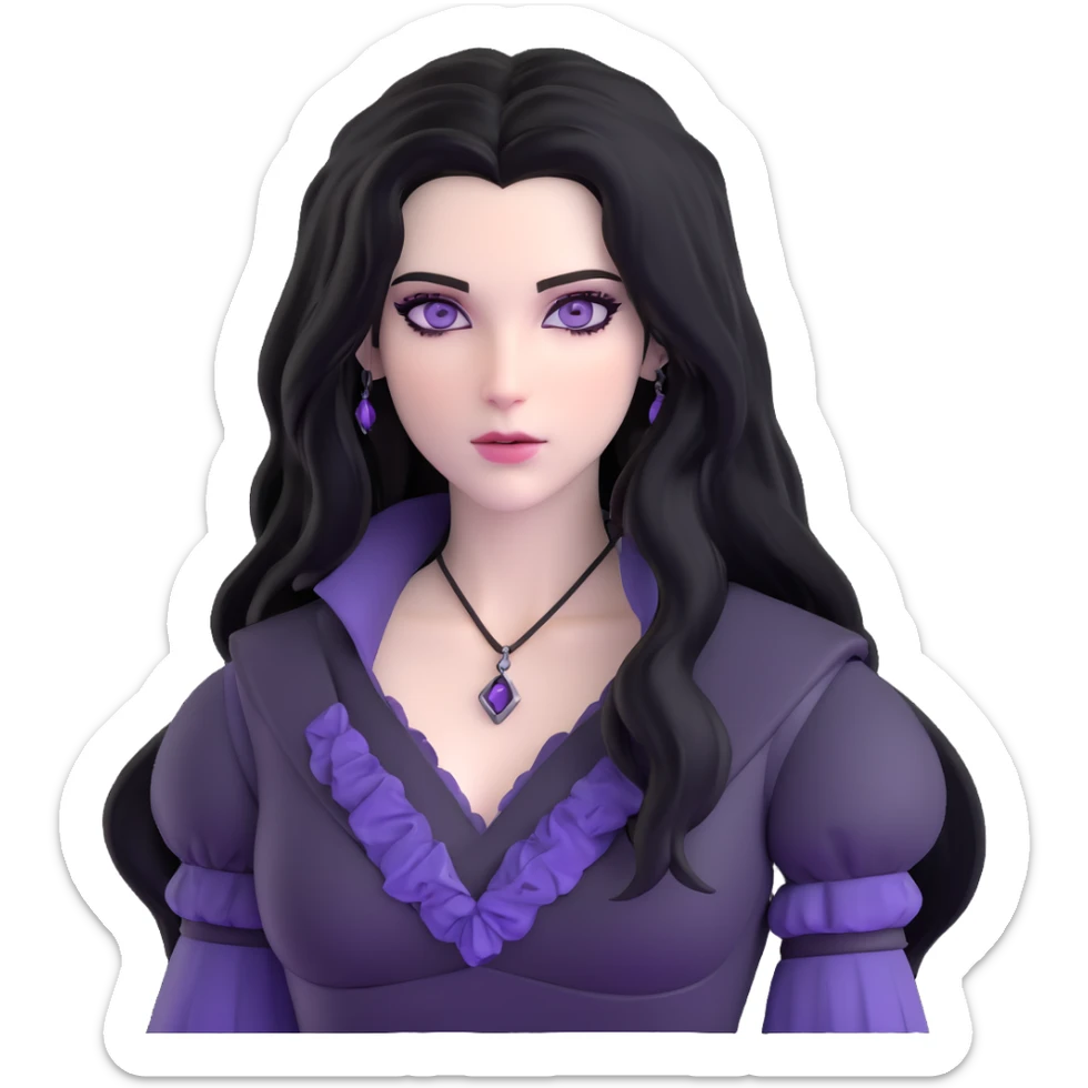 Yennefer from Witcher with long black hair, violet eyes, pale skin, wearing black clothes sticker