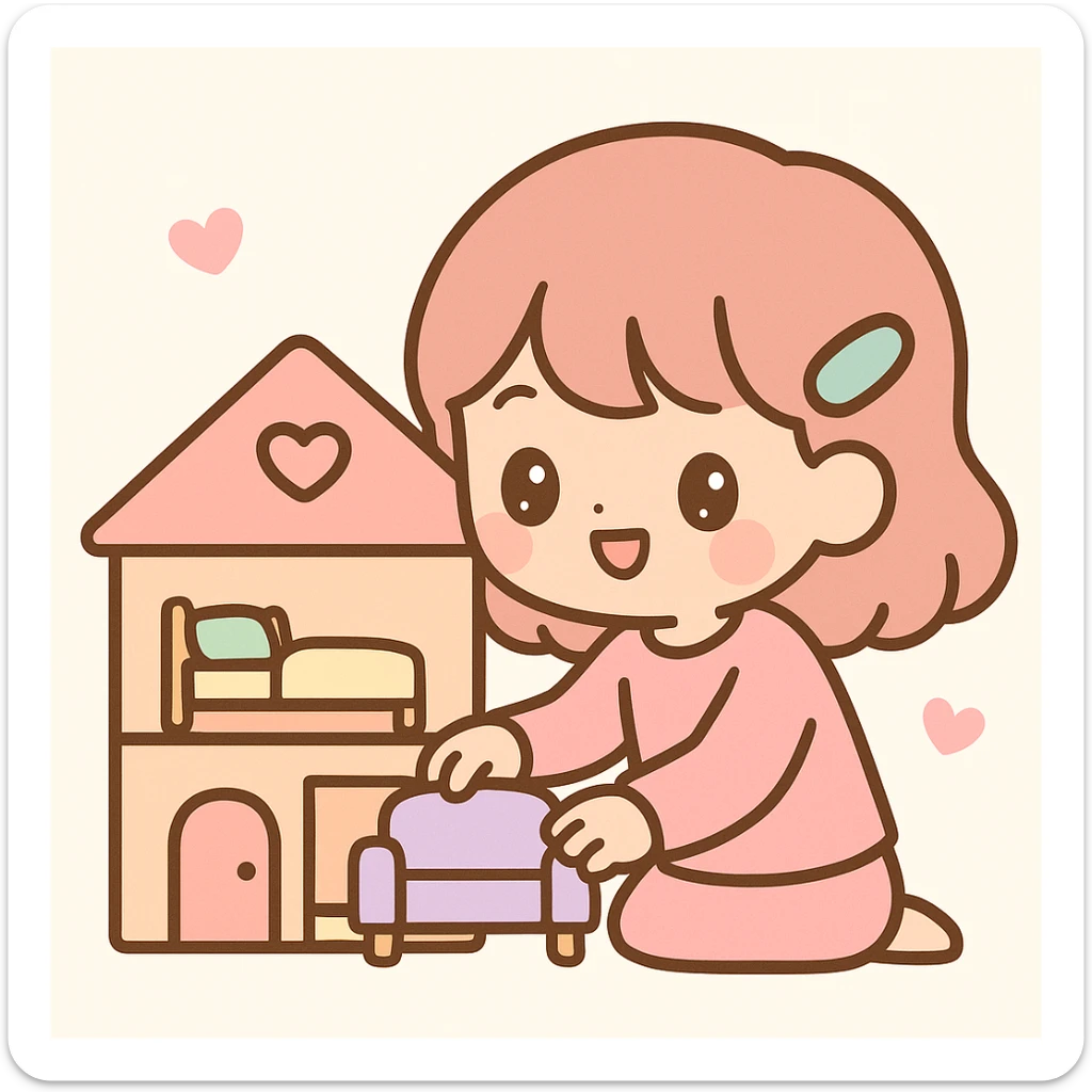 smiling girl arranging furniture in doll house sticker