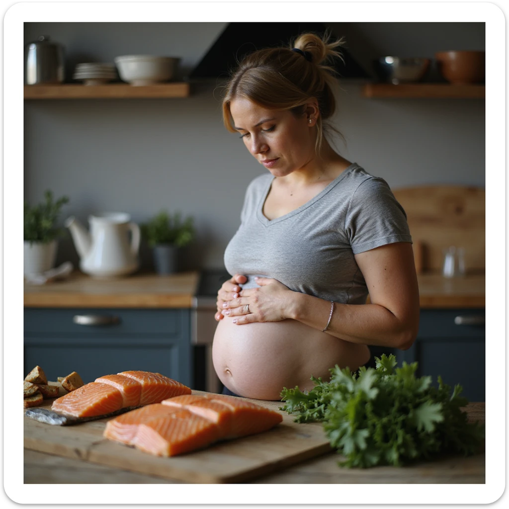realistic pregnant woman in 4K cooking at home, setting aside raw salmon and choosing well-cooked fish, protective expression towards belly sticker
